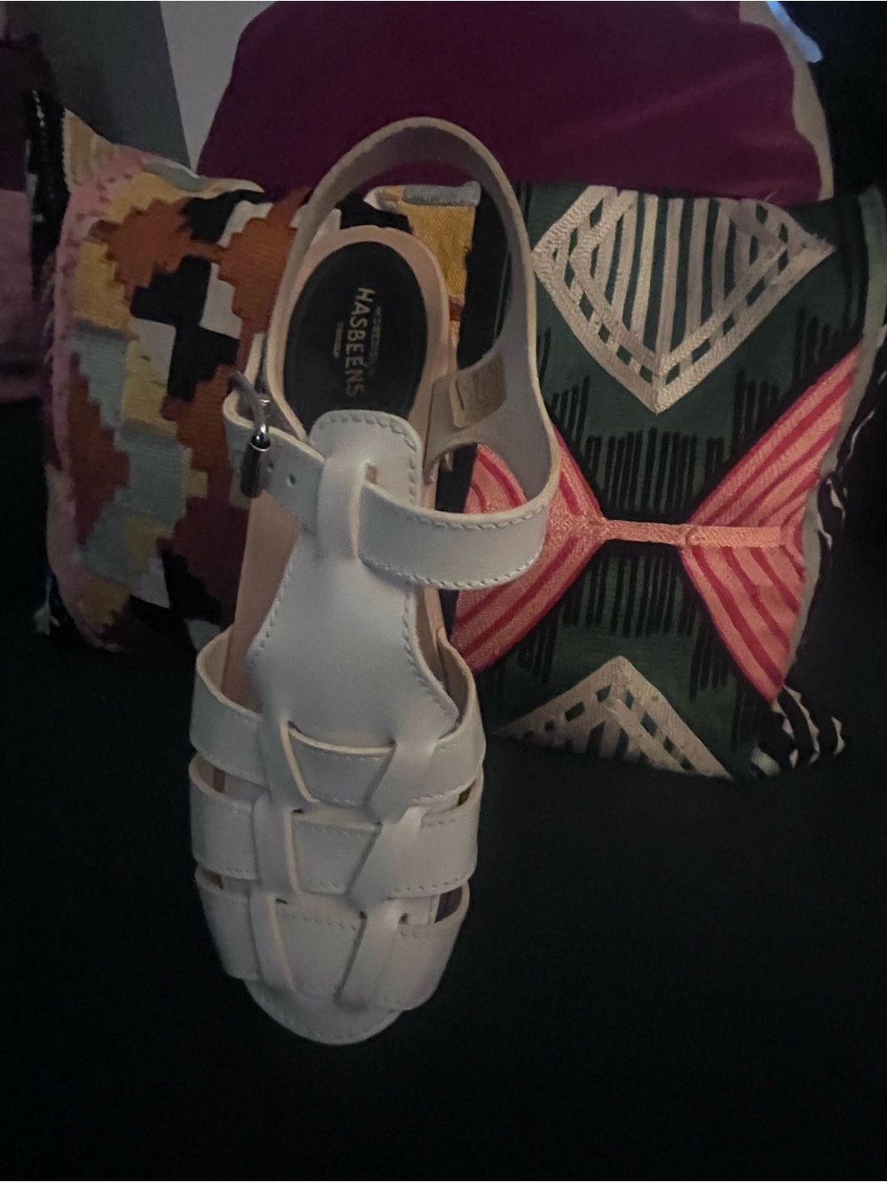 Swedish Hasbeens White Woven Leather Fisherman Sandals